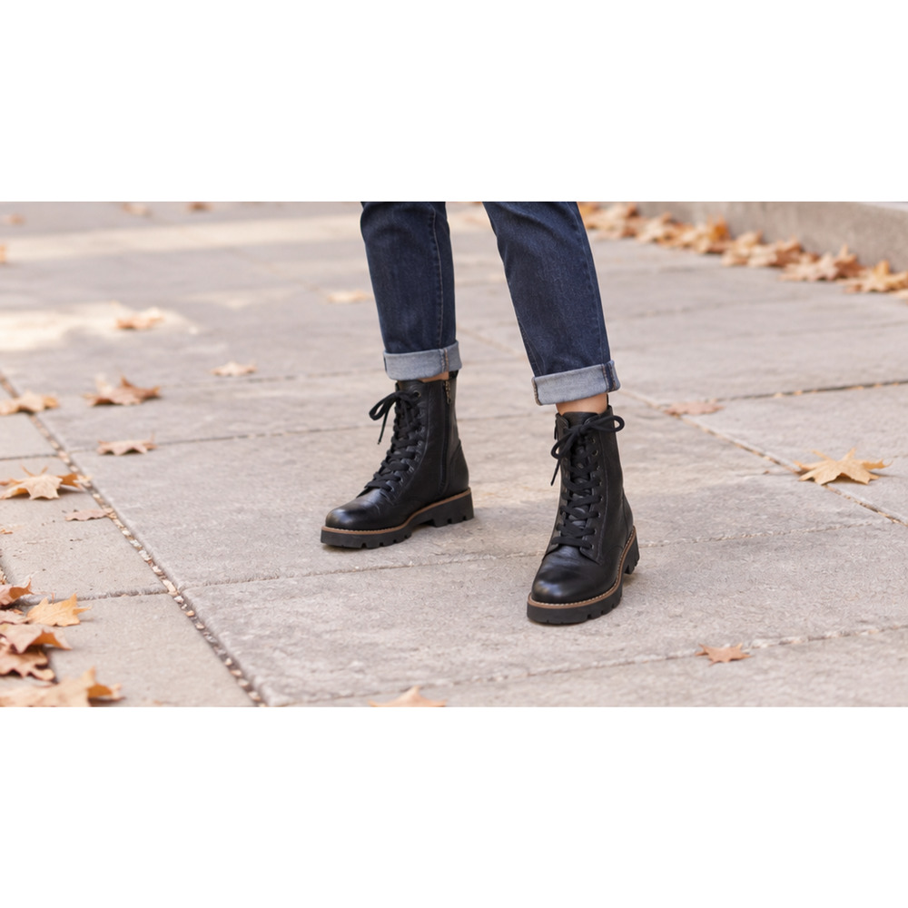 Vionic Lani Womens 7 Black Leather Combat Boots Lace Up Side Zip Lug Sole NWOB - Picture 2 of 7